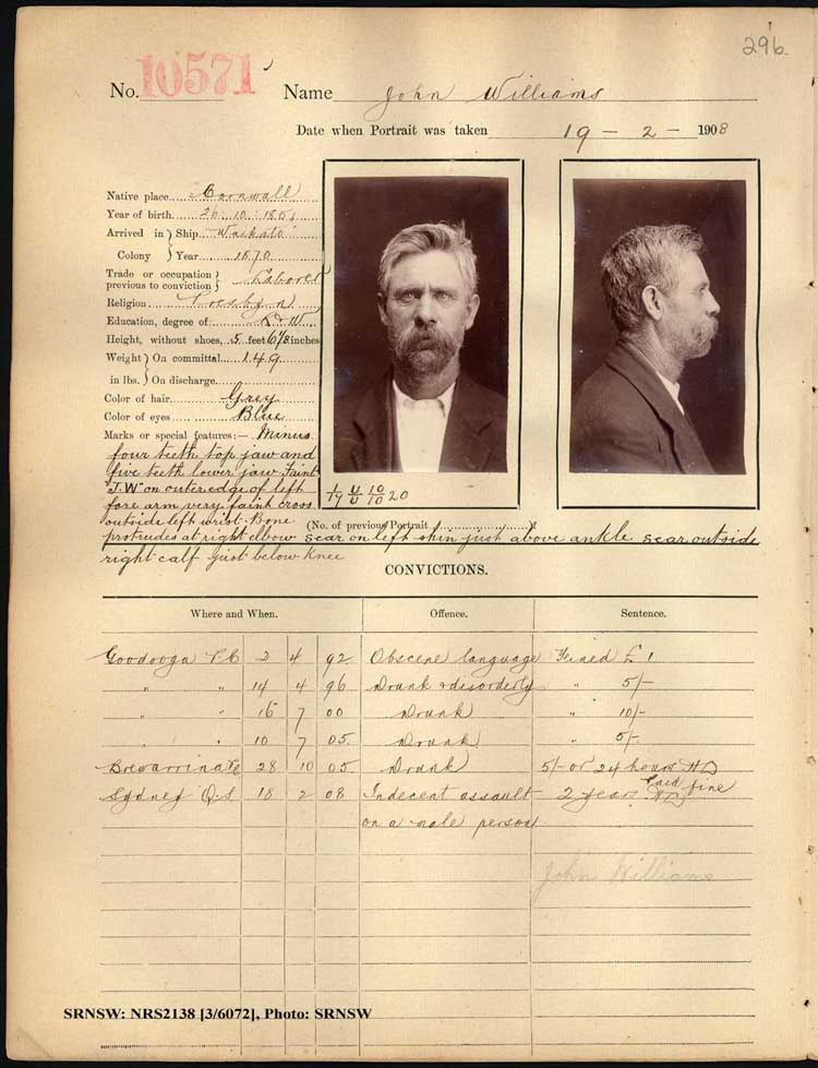 SRNSW: NRS2138, [3/6072], Darlinghurst Gaol photographic description book, 1907-1909, No. 10571, p. 296, R5112.