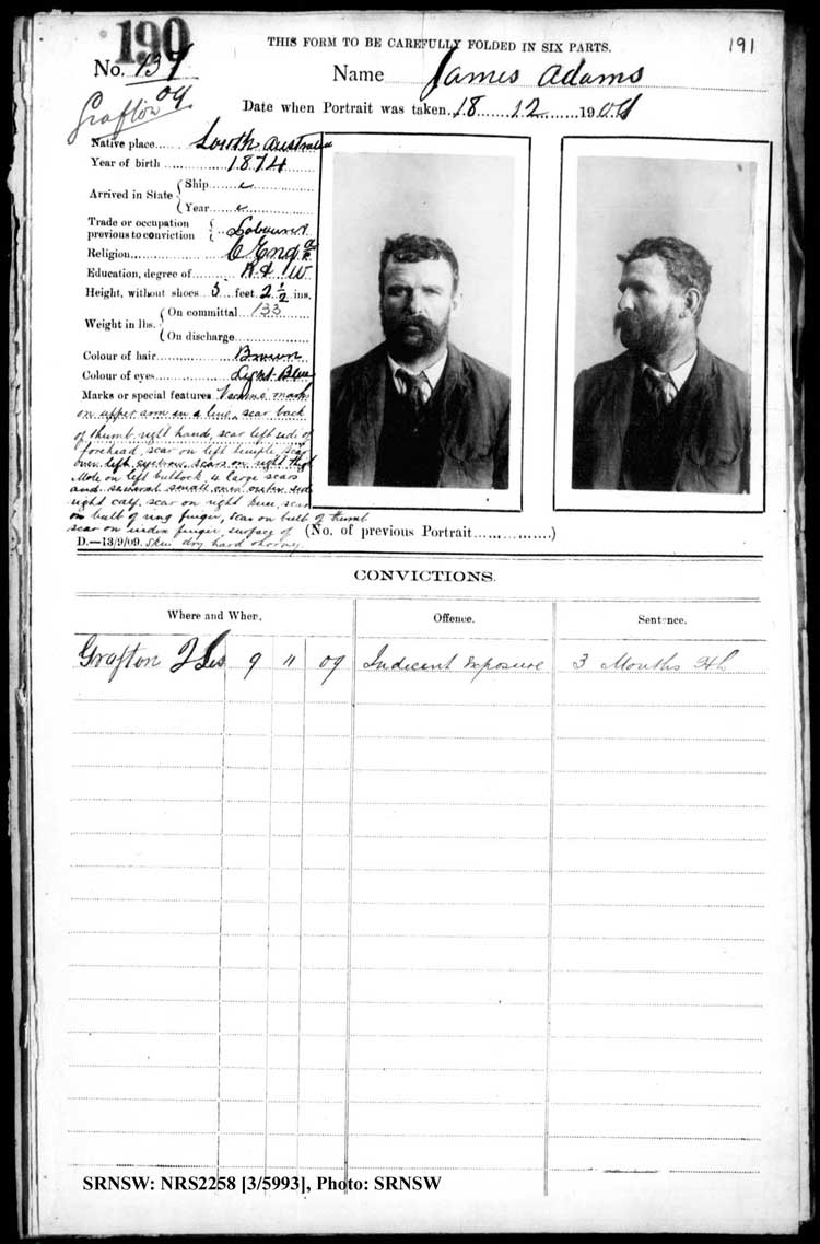SRNSW: NRS2258, [3/5993], Grafton Gaol photographic description book, 1910-1911, No. 190, p. 191, R5125.