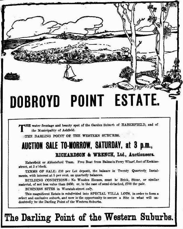 Dobroyd Point – Sydney suburb – Estate auction sale advertisement, The Sydney Morning Herald, 12 Nov 1909, p. 3. Reproduction: Peter de Waal