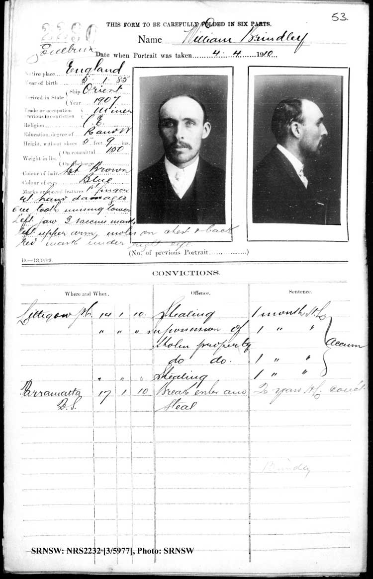 SRNSW: NRS2232, [3/5977], Goulburn Gaol photographic description book, 30 Aug 1909-22 Nov 1911, No. 2290, p. 53, R5121.