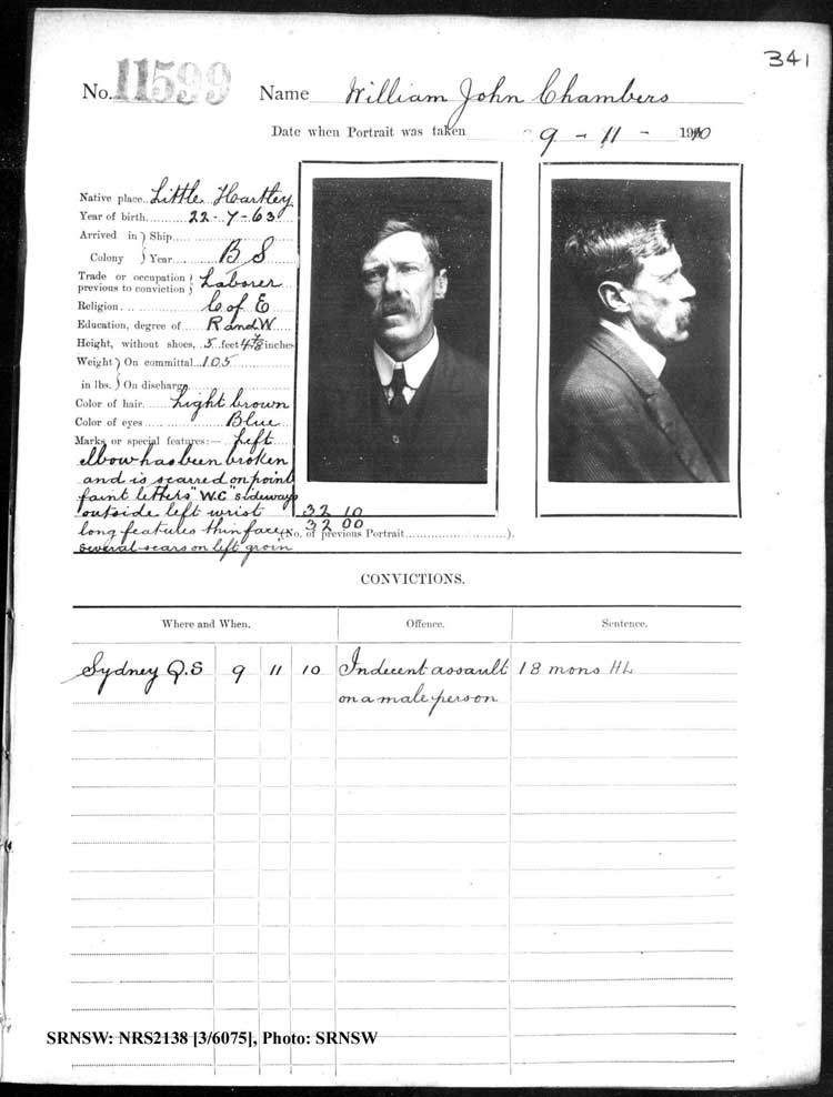 SRNSW: NRS2138, [3/6075], Darlinghurst Gaol photographic description book, 1910-1911, No.11599, p. 341, R5114.