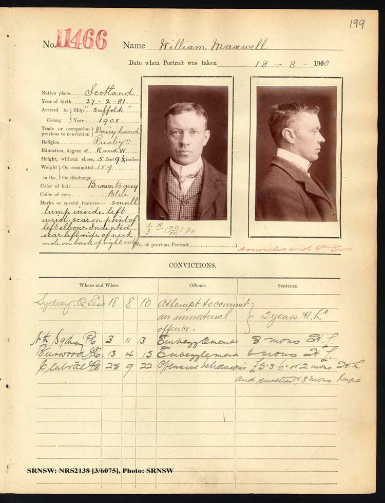 SRNSW: NRS2138, [3/6075], Darlinghurst Gaol photographic description book, 1910-1911, No. 11466, p. 199, R5114.