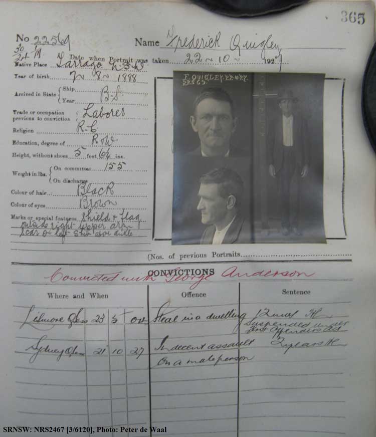 SRNSW: NRS2467, [3/6120], State Penitentiary photographic description book, 8 Oct 1927-24 Feb 1928, No. 22569, p. 365.