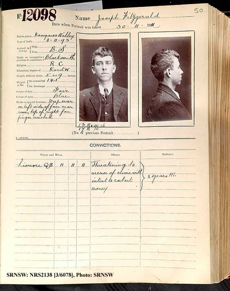 SRNSW: NRS2138, [3/6078], Darlinghurst Gaol photographic description book, 1911-1912, No. 12098, p. 50, R5115.
