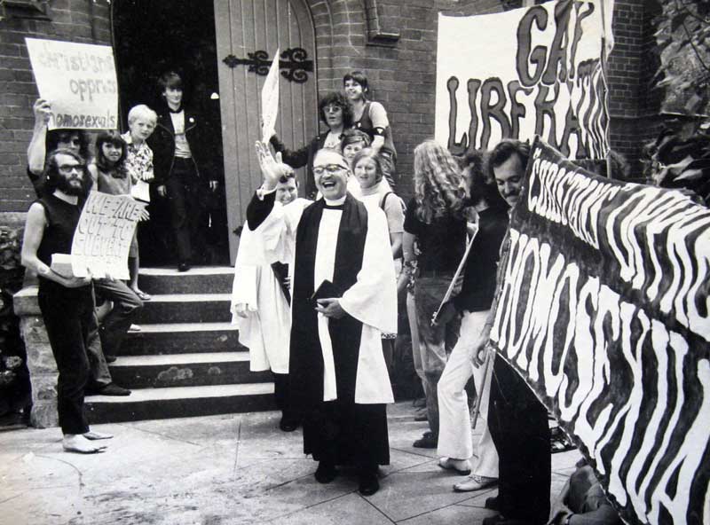 Homosexual demonstration, after the sacking of Peter Bonsall-Boone, outside St Clement’s Church, Mosman, Sun 12 Nov 1972. Photo: Private collection Peter de Waal
