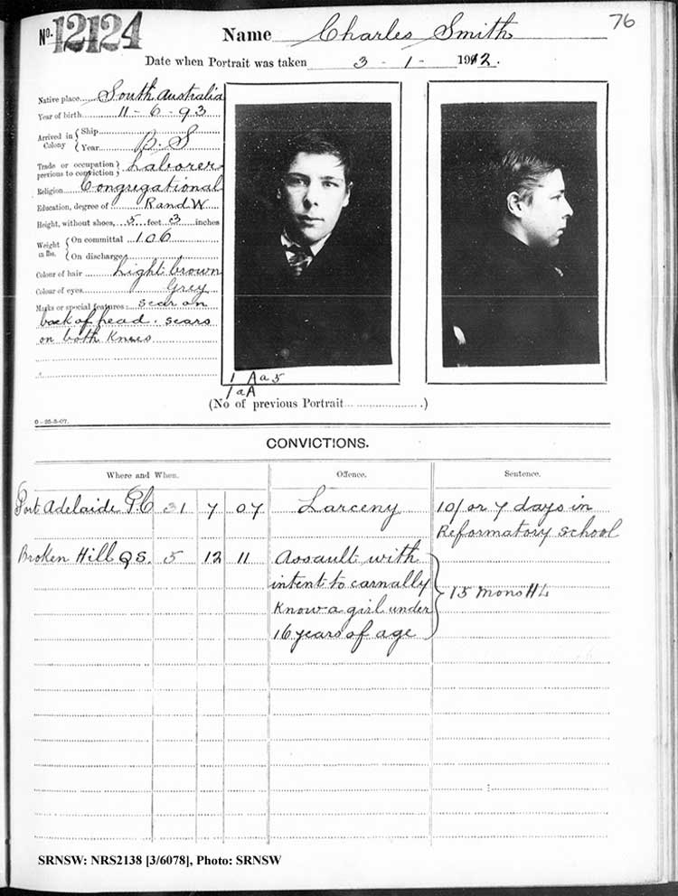 SRNSW: NRS2138, [3/6078], Darlinghurst Gaol photographic description book, 1911-1912, No. 12124, p. 76, R5115.