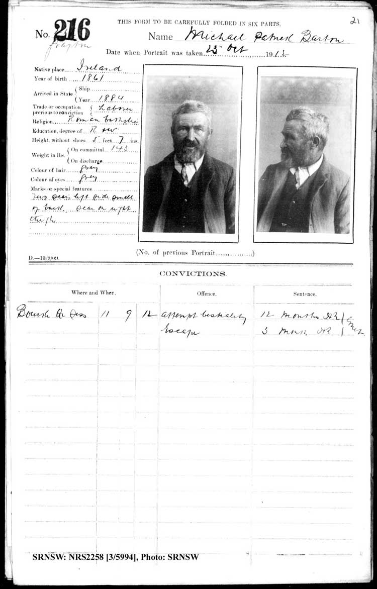 SRNSW: NRS2258, [3/5994], Grafton Gaol photographic description book, Jun 1910-Nov 1922, No. 216, p. 21, R5125.