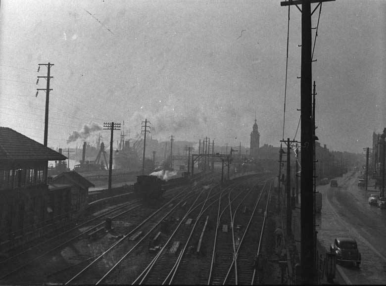 Market Street railway station at Newcastle, Scott Street on right, harbour on left, 6 Apr 1957. Image: NSW State Library collection. Reproduction: Peter de Waal Market Street railway station at Newcastle, Scott Street on right, harbour on left, 6 Apr 1957. Image: NSW State Library collection. Reproduction: Peter de Waal