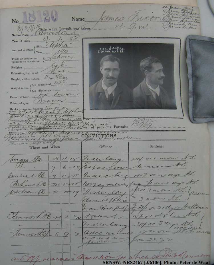 SRNSW: NRS2467, [3/6106], State Penitentiary photographic description book, 14 May 1921-7 Feb 1922, No. 18120, p. 216.