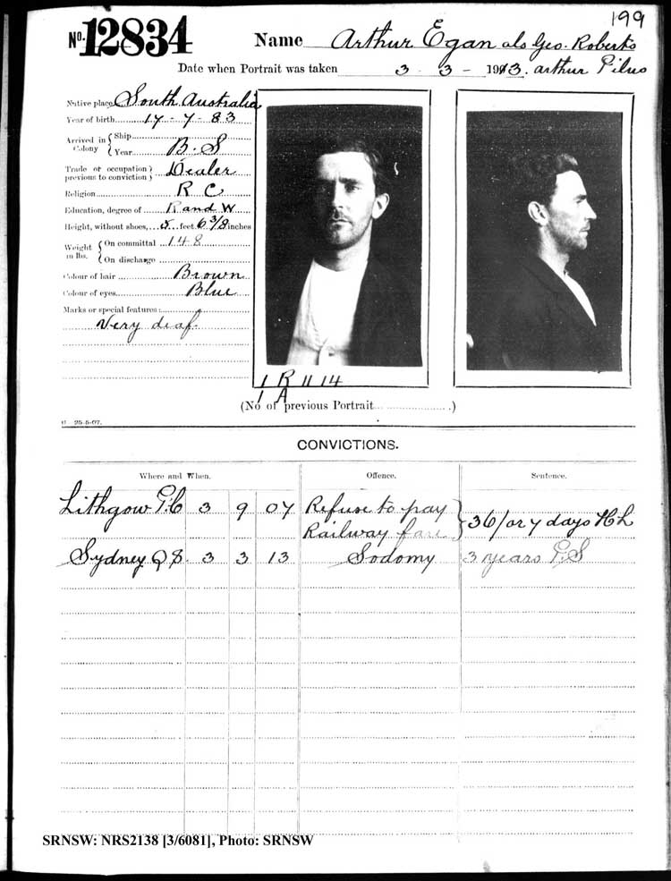 SRNSW: NRS2138, [3/6081], Darlinghurst Gaol photographic description book, 1912-1913, No. 12834, p.19 9, R5116.