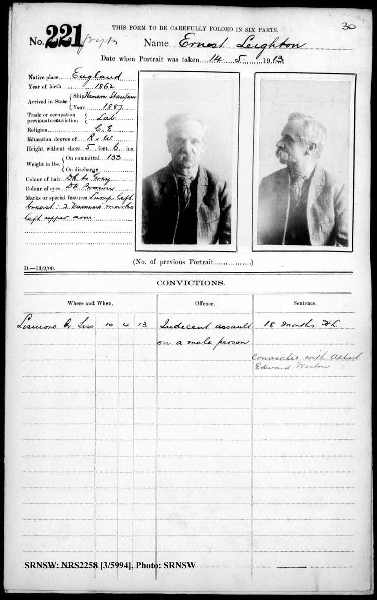 SRNSW: NRS2258, [3/5994], Grafton Gaol photographic description book, Jun 1910-Nov 1922, No. 221, p. 30, R5125.