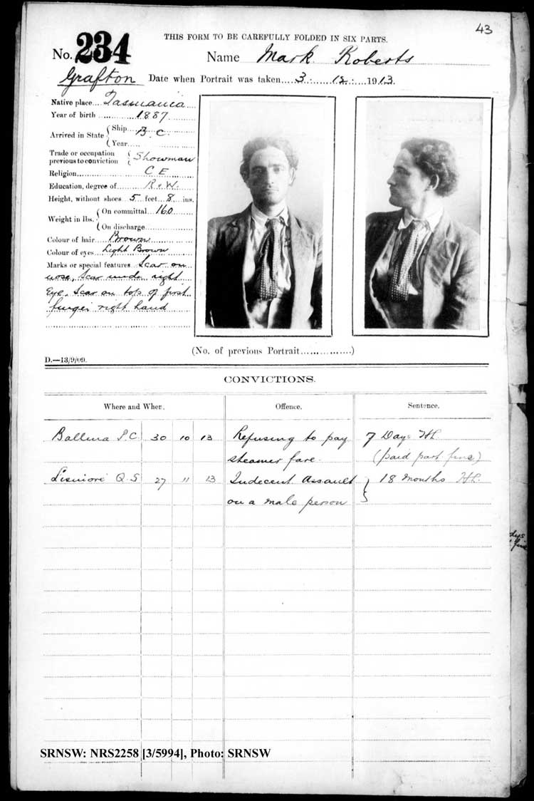 SRNSW: NRS2258, [3/5994], Grafton Gaol photographic description book, Jun 1910-Nov 1922, No. 234, p. 43, R5125.