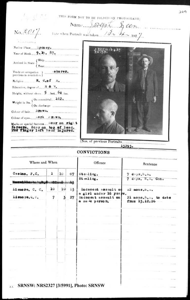 SRNSW: NRS2327, [3/5991], Maitland Gaol photographic description book, 1875-1930, No. 2017, p. 249, R5132.