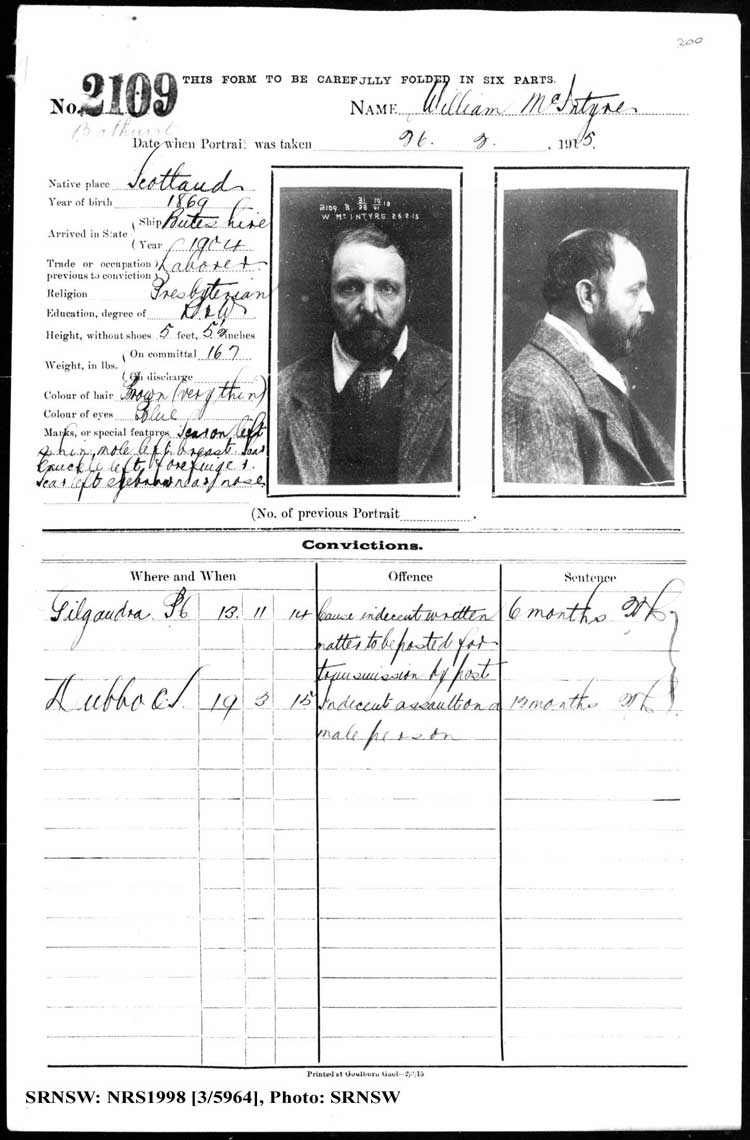 SRNSW: NRS1998, [3/5964], Bathurst Gaol photographic description book, 1874-1930, No. 2109, p. 200, R5087.