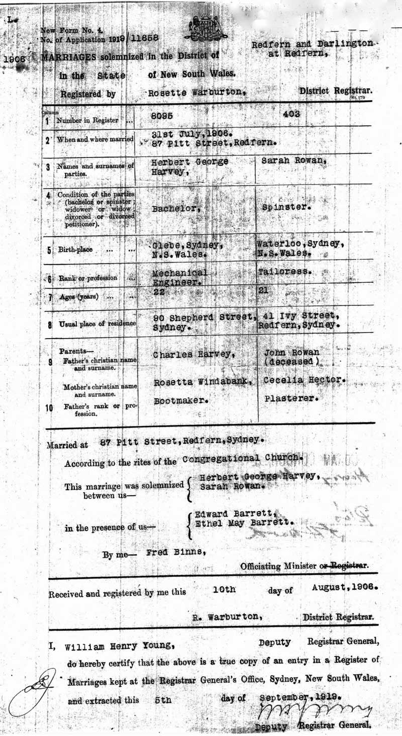 Herbert George Harvey and Sarah Rowan, 31 Jul 1906, marriage certificate. Photo: Peter de Waal