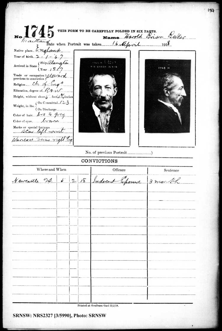 SRNSW: NRS2327, [3/5990], Maitland Gaol Photograph description sheets, 1875-1930, No. 1745, p. 159, R5131.
