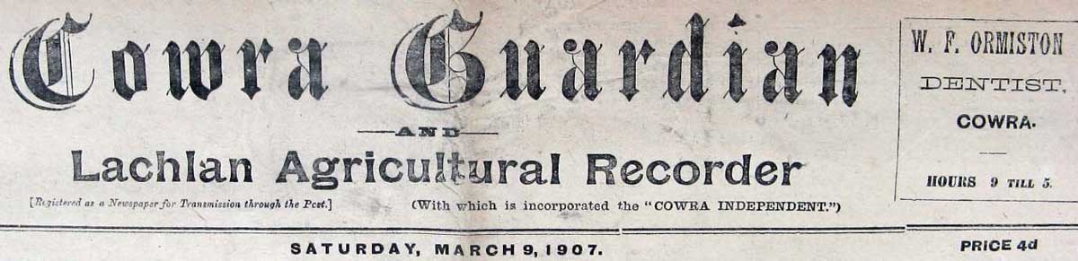 Cowra Guardian and Lachlan Agricultural Recorder, masthead. Reproduction: Peter de Waal