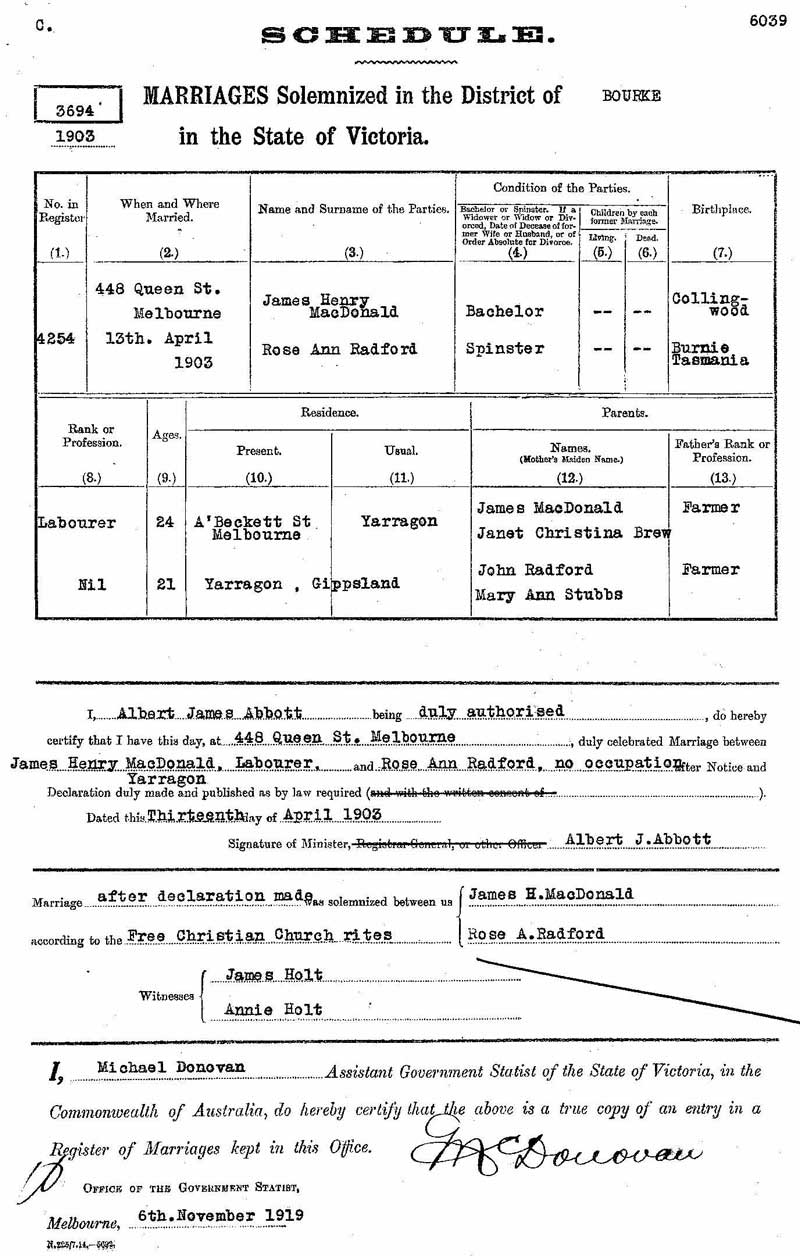 James Henry McDonald and Rose Ann Radford, 13 Apr 1903, marriage certificate. Photo: Peter de Waal James Henry McDonald and Rose Ann Radford, 13 Apr 1903, marriage certificate. Photo: Peter de Waal