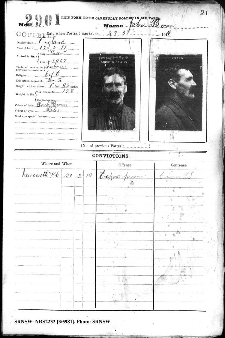SRNSW: NRS2232, [3/5981], Goulburn Gaol photographic description book, 25 Sep 1918- 16 May 1922, No. 2901, p. 21, R5122.