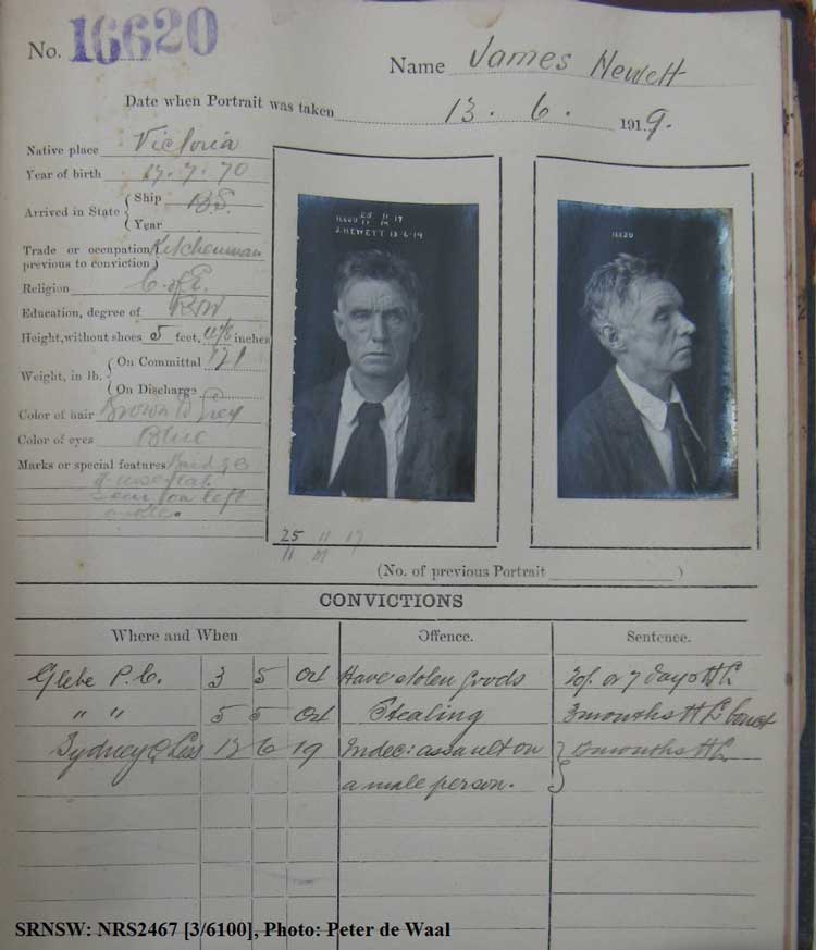 SRNSW: NRS2467, [3/6100], State Penitentiary photographic description book, 25 Jan 1919-19 Jun 1919, No. 16620, p. –.