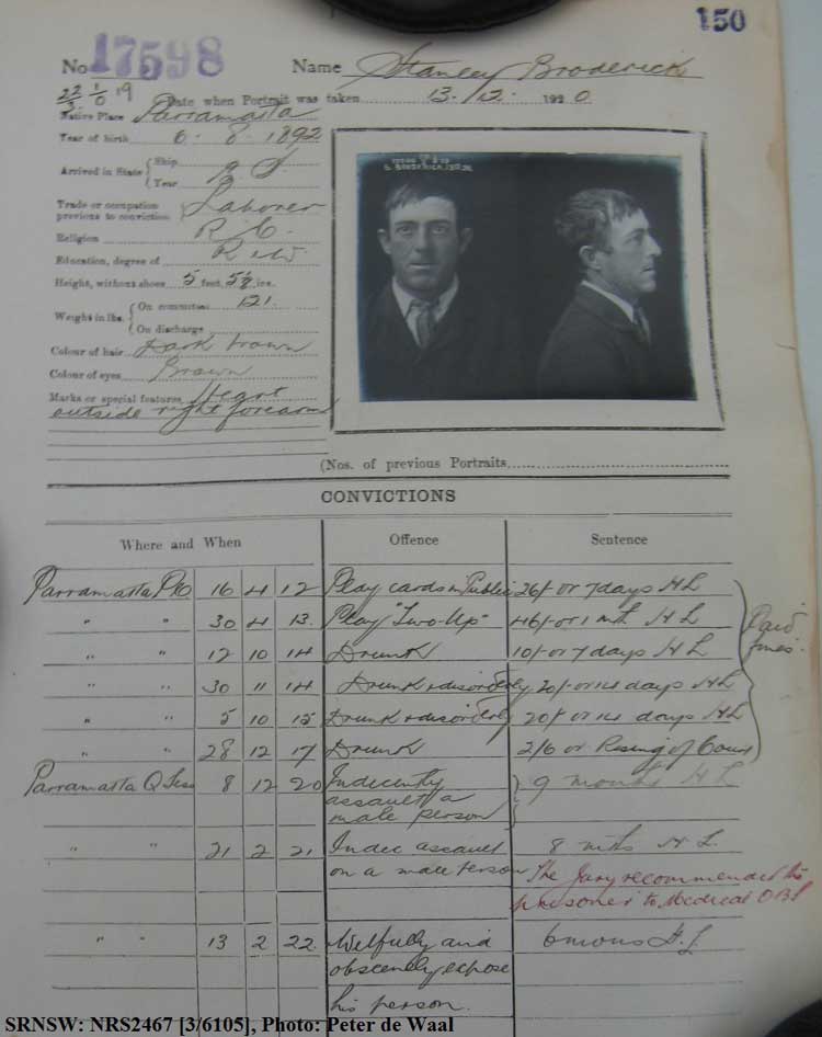  Emphasis added. SRNSW: NRS2467, [3/6105], State Penitentiary photographic description book, 9 Oct 1920-14 May 1921, No. 17598, p. 150.
