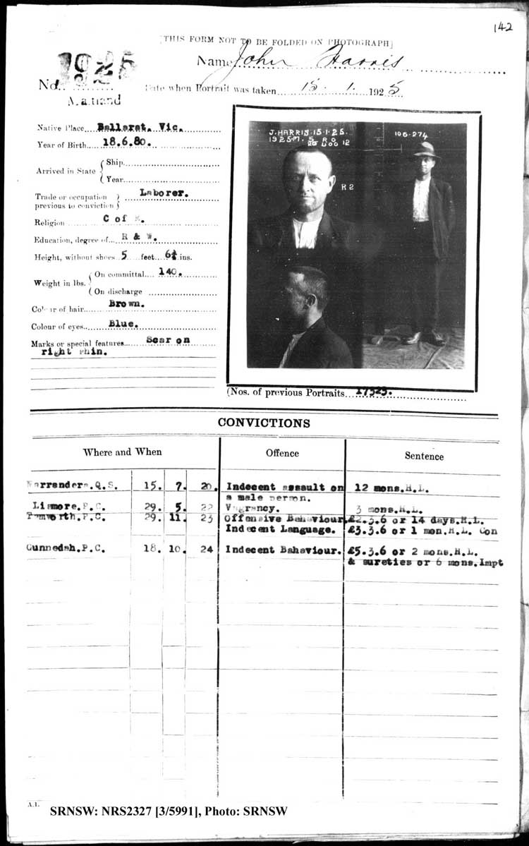 SRNSW: NRS2327, [3/5991], Maitland Gaol photographic description book, 1875-1930, No. 1925, p. 142, R5132.