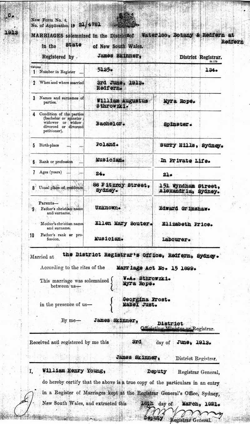 William Augustus Sthrowzki and Myra Rope, 3 Jun 1912, marriage certificate. Photo: Peter de Waal William Augustus Sthrowzki and Myra Rope, 3 Jun 1912, marriage certificate. Photo: Peter de Waal