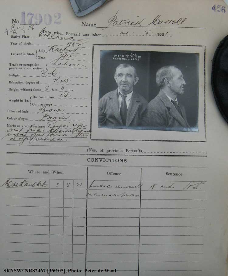SRNSW: NRS2467, [3/6105], State Penitentiary photographic description book, 9 Oct 1920-14 May 1921, No. 17902, p. 456.