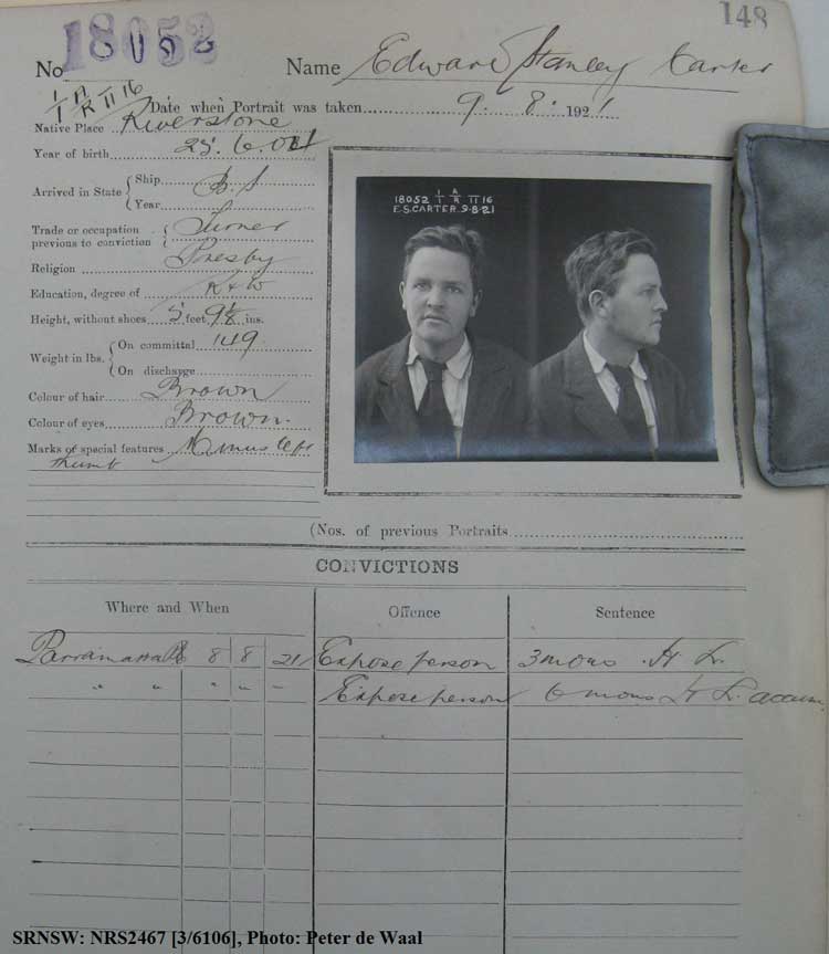 SRNSW: NRS2467, [3/6106], State Penitentiary photographic description book, 14 May 1921-7 Feb 1922, No. 18052, p. 148.