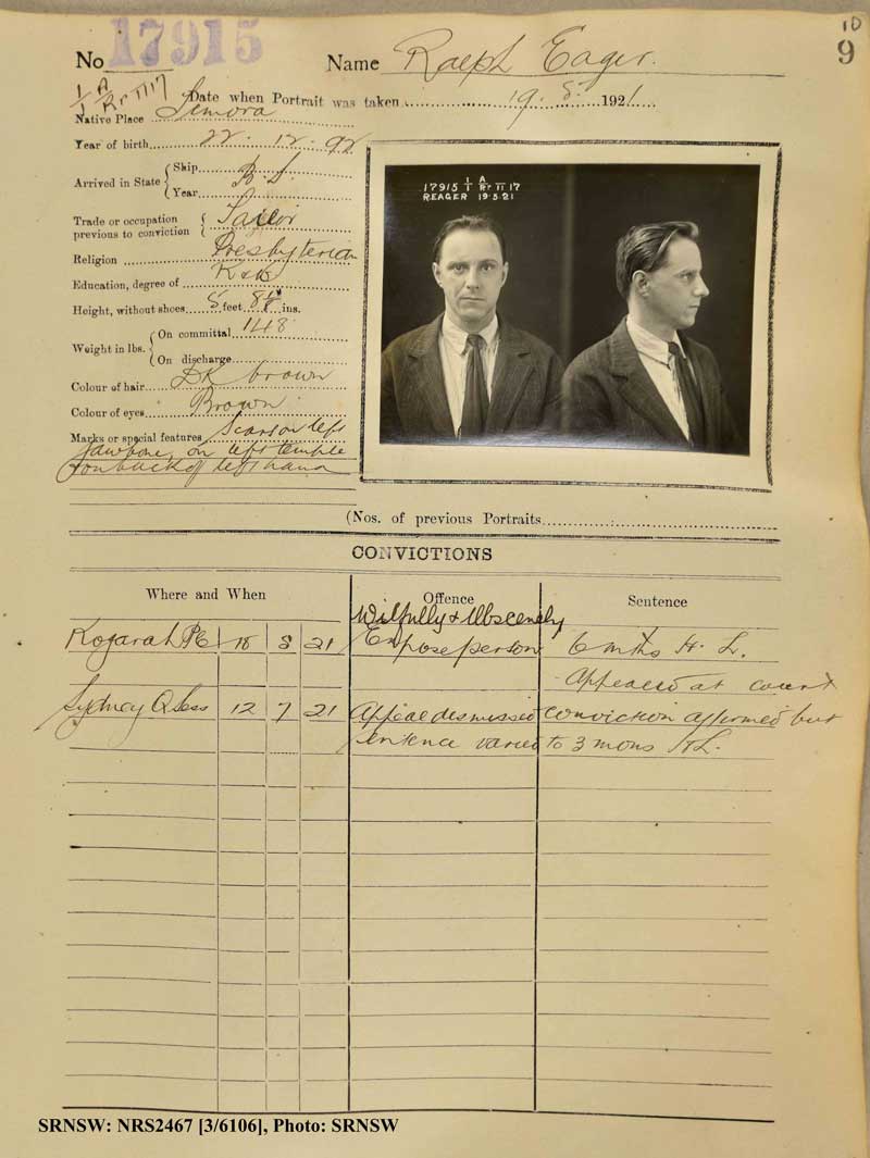 SRNSW: NRS2467, [3/6106], State Penitentiary photographic description book, 14 May 1921–7 Feb 1922, No. 17915, p. 9 or 10, R5150.