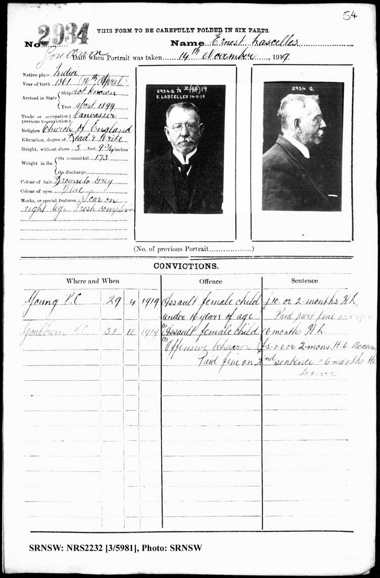 SRNSW: NRS2232, [3/5981], Goulburn Gaol photographic description book, 25 Sep 1918-16 May 1922, No. 2934, p. 54, R5122.
