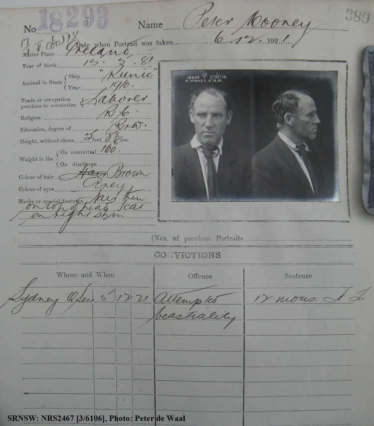 SRNSW: NRS2467, [3/6106], State Penitentiary photographic description book, 14 May 1921-7 Feb 1922, No. 18293, p. 389.