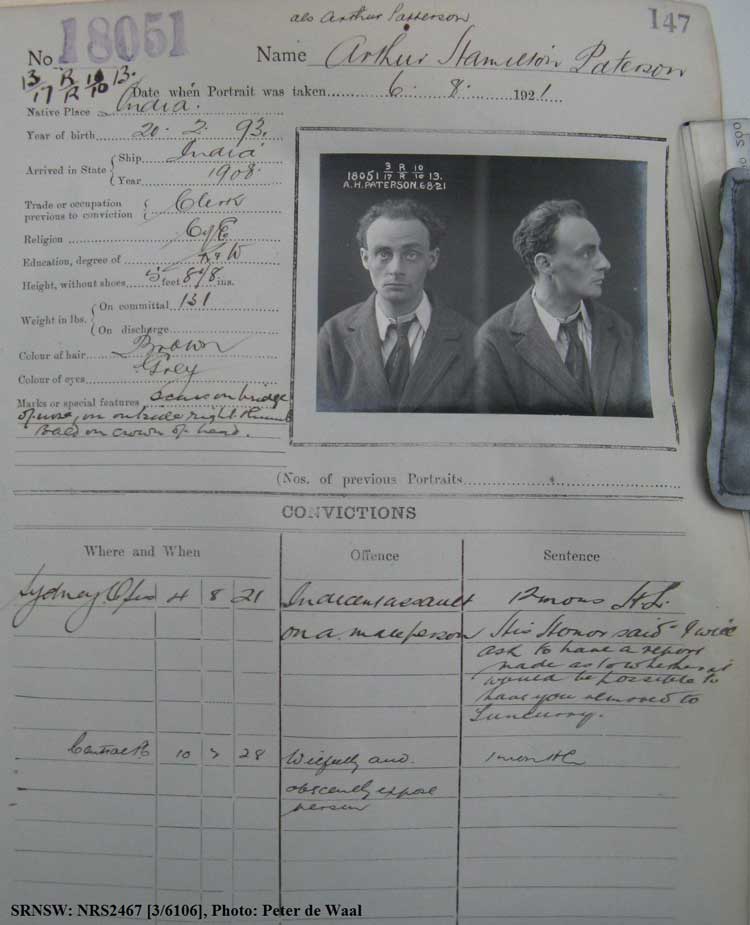 SRNSW: NRS2467, [3/6106], State Penitentiary photographic description book, 14 May 1921-7 Feb 1922, No. 18051, p. 147.