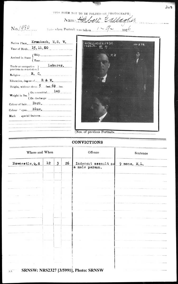 SRNSW: NRS2327, [3/5991], Maitland Gaol photographic description book, 1875-1930, No. 1980, p. 208, R5132.