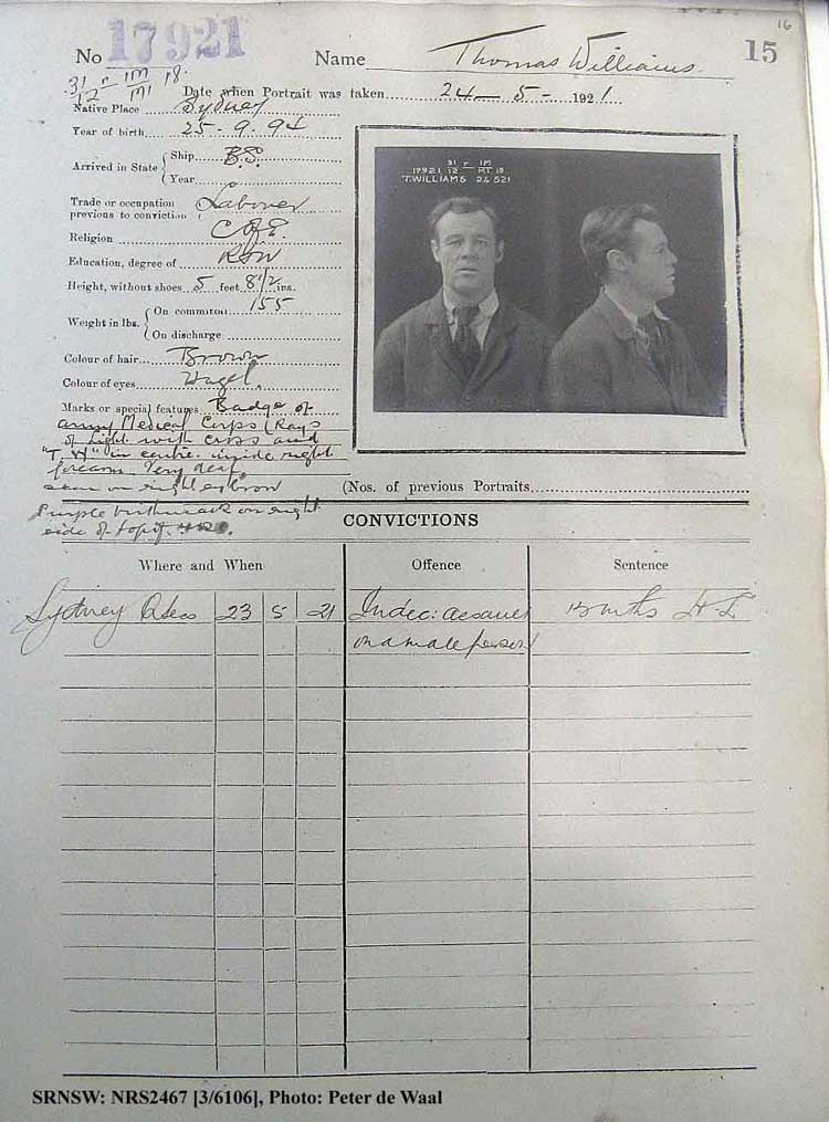 SRNSW: NRS2467, [3/6106], State Penitentiary photographic description book, 14 May 1921-7 Feb 1922, No. 17921, p. 15.