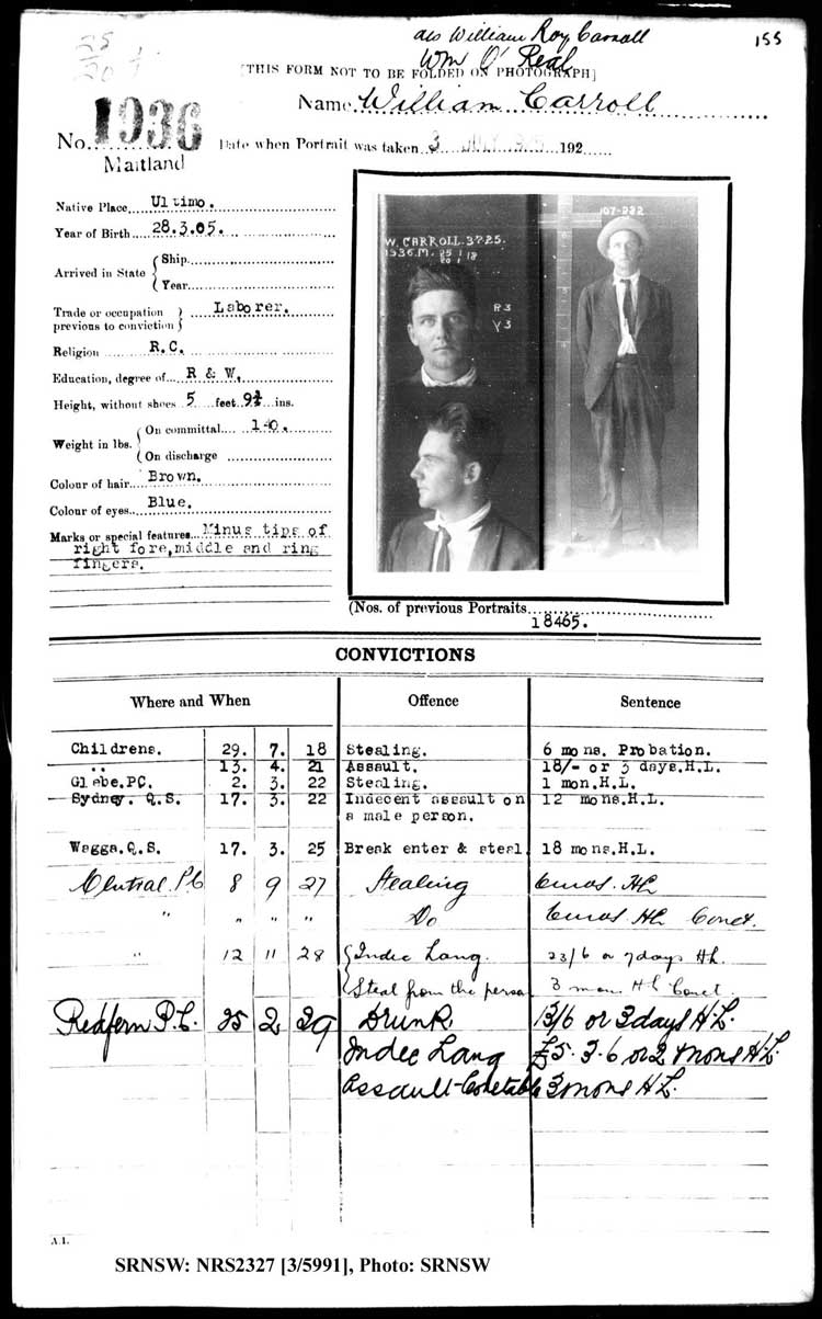 SRNSW: NRS2327, [3/5991], Maitland Gaol photographic description book, 1875-1930, No. 1936, p. 155, R5132.