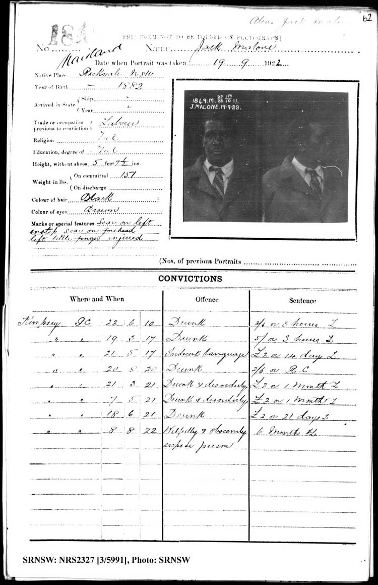 SRNSW: NRS2327, [3/5991], Maitland Gaol Photograph description sheets, 1875-1930, No. 1849, p. 62, R5132.