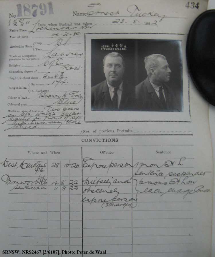 SRNSW: NRS2467, [3/6107], State Penitentiary photographic description book, 8 Feb 1922-5 Sep 1922, No. 18791, p. 434.