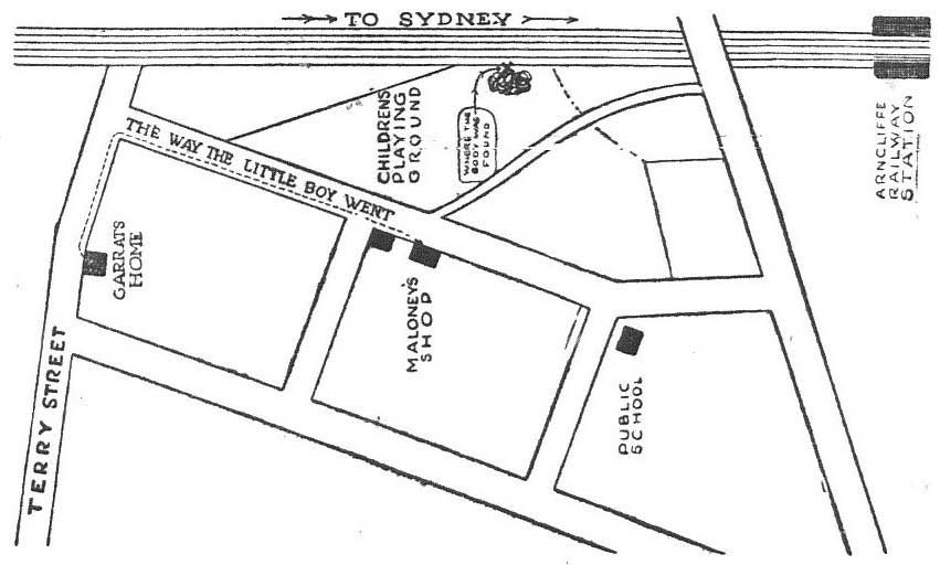 “Plan showing scene of the crime. The dotted line indicates the direction the dead boy took when he went on his message. The rest of his dread journey can only be left to conjecture.” Image: Truth, (Syd, NSW), Sun 3 Jun 1923, p. 9. Reproduction: Peter de Waal “Plan showing scene of the crime. The dotted line indicates the direction the dead boy took when he went on his message. The rest of his dread journey can only be left to conjecture.” Image: Truth, (Syd, NSW), Sun 3 Jun 1923, p. 9. Reproduction: Peter de Waal