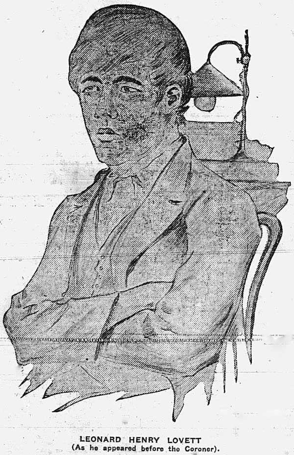 Leonard Henry Lovett, as he appeared before the Coroner. Image: Truth, (Syd, NSW), Sun 17 Jun 1923, p. 9. Reproduction: Peter de Waal Leonard Henry Lovett, as he appeared before the Coroner. Image: Truth, (Syd, NSW), Sun 17 Jun 1923, p. 9. Reproduction: Peter de Waal
