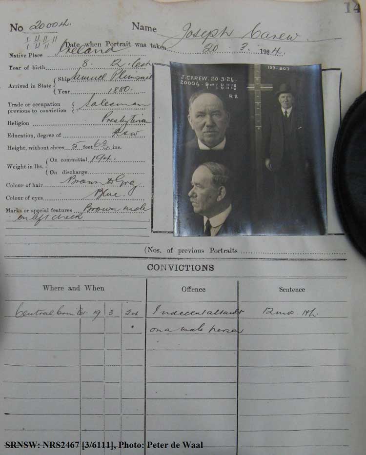 SRNSW: NRS2467, [3/6111], State Penitentiary photographic description book, 6 Jun 1924-11 Oct 1924, No. 20004, p. 141.