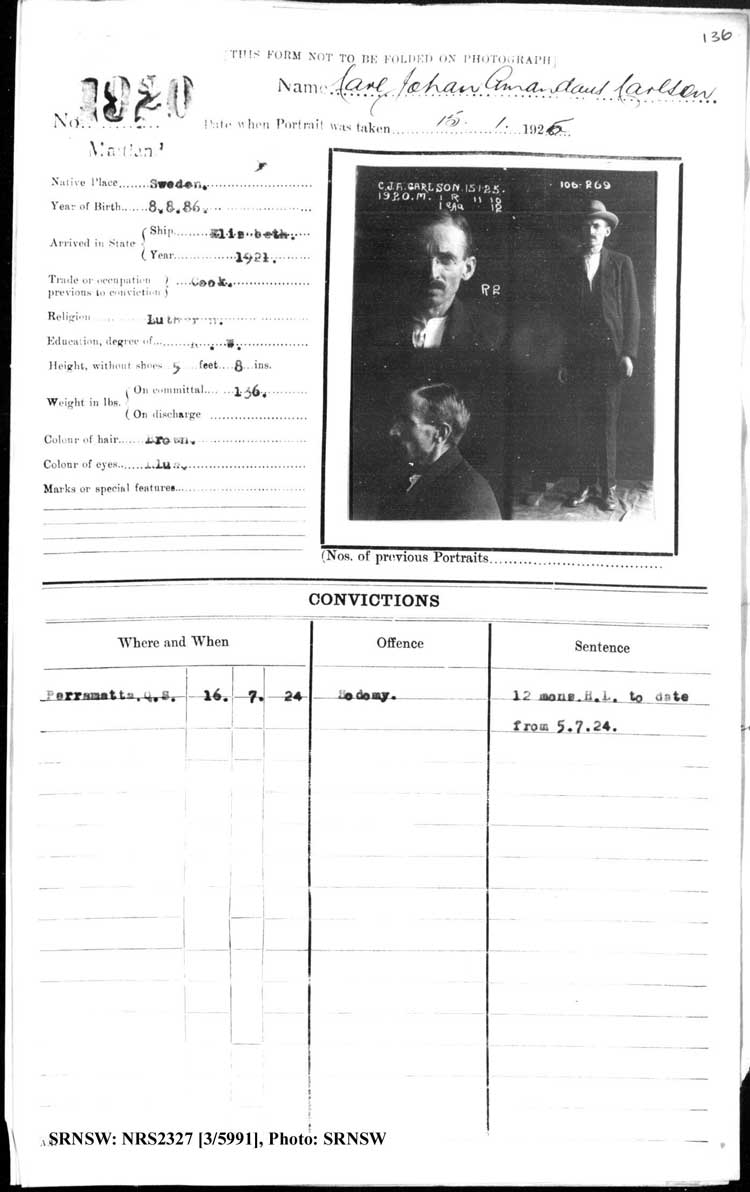 SRNSW: NRS2327, [3/5991], Maitland Gaol photographic description book, 1875-1930, No. 1920, p. 136, R5132.