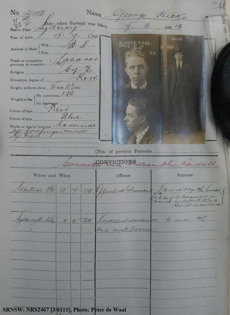 SRNSW: NRS2467, [3/6111], State Penitentiary photographic description book, 14 Jan 1924-5 Jun 1924, No. 20113, p. 240.