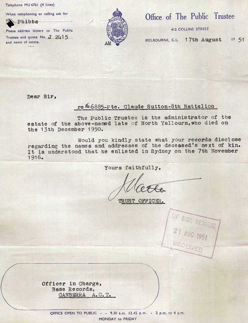 Office of the Melbourne Public Trustee letter, 17 Aug 1951