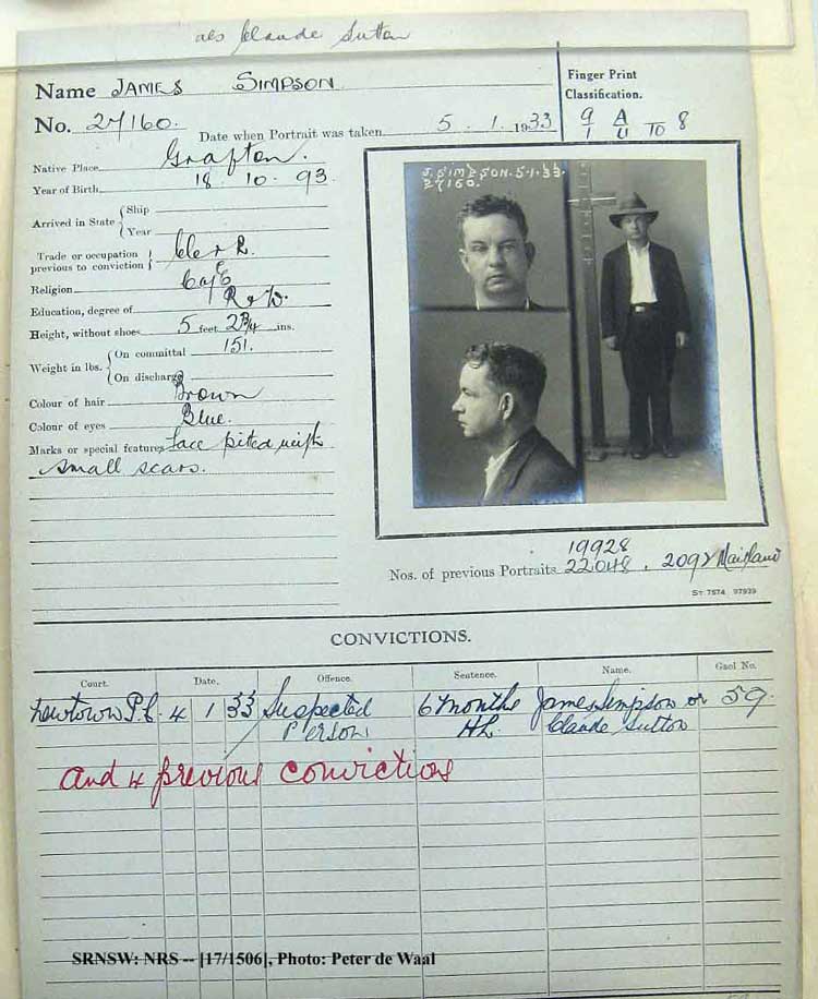 SRNSW: NRS– [17/1506], State Penitentiary photographic description book, 3 Feb 1933-25 Mar 1933, No. 27160, p. –.