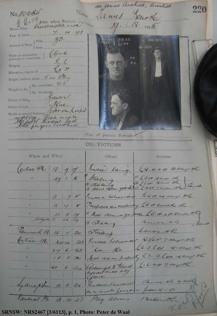SRNSW: NRS2467, [3/6113], State Penitentiary photographic description book, 11 Oct 1924-26 Mar 1925, No. 20685, p. 220. (p.1)