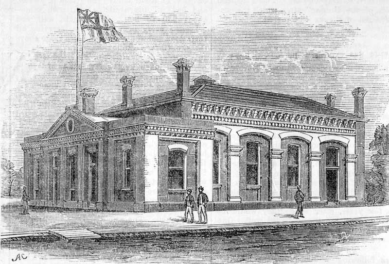 Echuca Town Hall and Courthouse, 8 Nov 1869. Image: Vic State Library collection. Reproduction: Peter de Waal