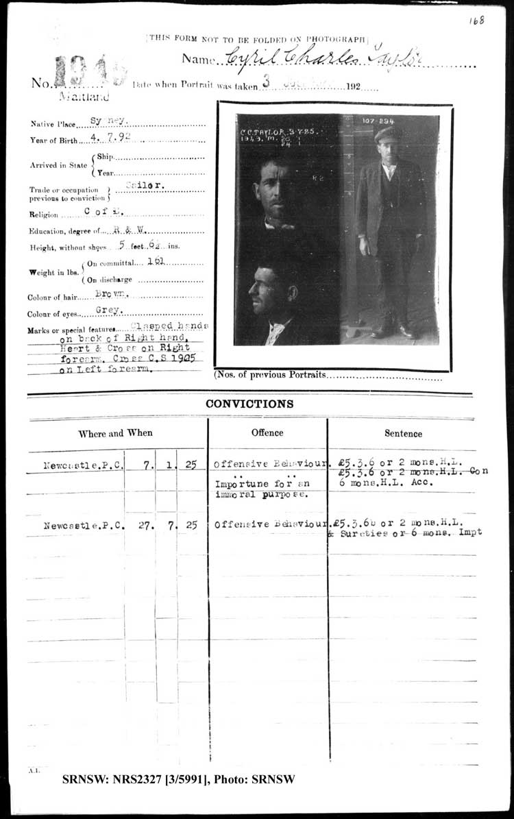 SRNSW: NRS2327, [3/5991], Maitland Gaol photographic description book, 1875-1930, No. 1949, p. 168, R5132.