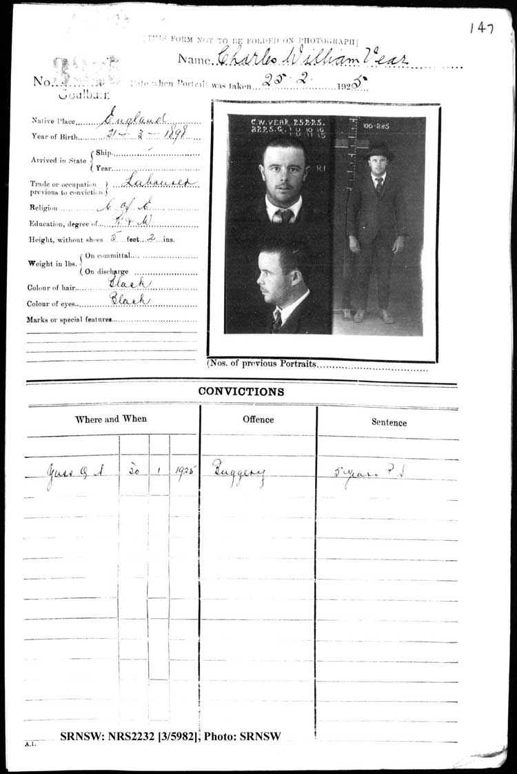 SRNSW: NRS2232, [3/5982], Goulburn Gaol photographic description book, 25 Jul 1922-30 Mar 1928, No. 3225, p. 147, R5123.