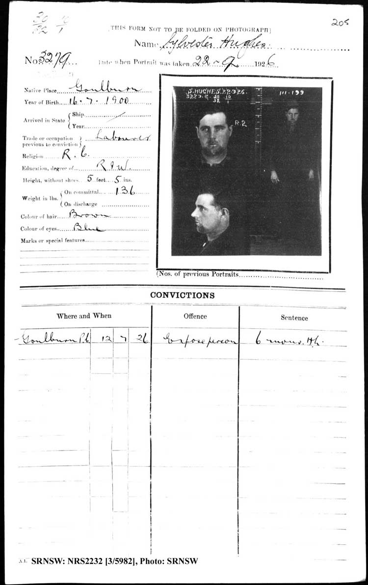 SRNSW: NRS2232, [3/5982], Goulburn Gaol photographic description book, 25 Jul 1922-30 Mar 1928, No. 3279, p. 205, R5123.